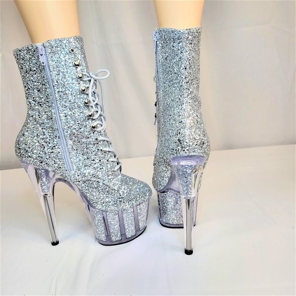 Pleaser Shoes - Pleaser Silver Glitter 7" Heel, 2 3/4" Platform Front Lace-Up Ankle Boot